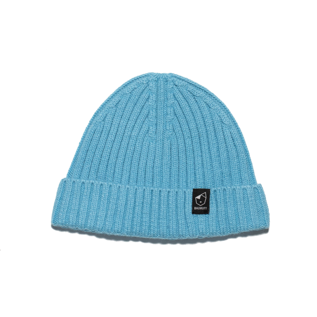 A aqua blue BAUMUTT fisherman beanie hat with a snug fit, designed for men and women. front flat view