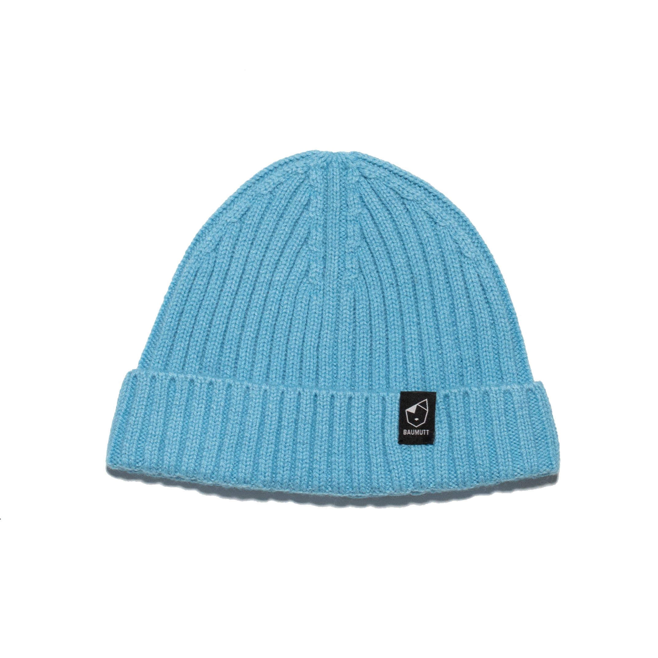 A aqua blue BAUMUTT fisherman beanie hat with a snug fit, designed for men and women. front flat view