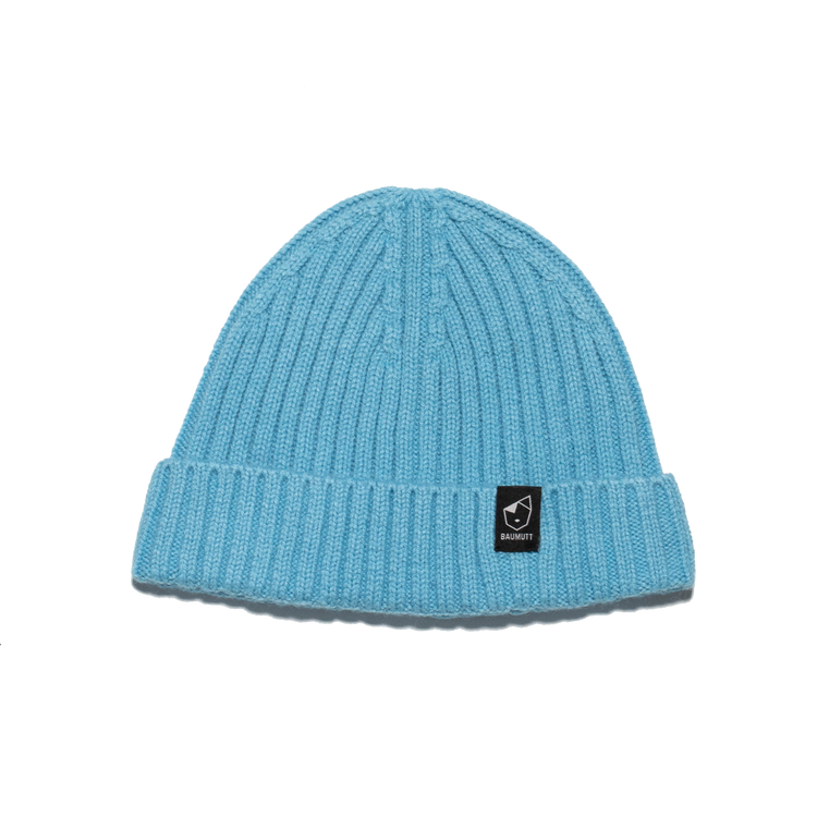 A aqua blue BAUMUTT fisherman beanie hat with a snug fit, designed for men and women. front flat view