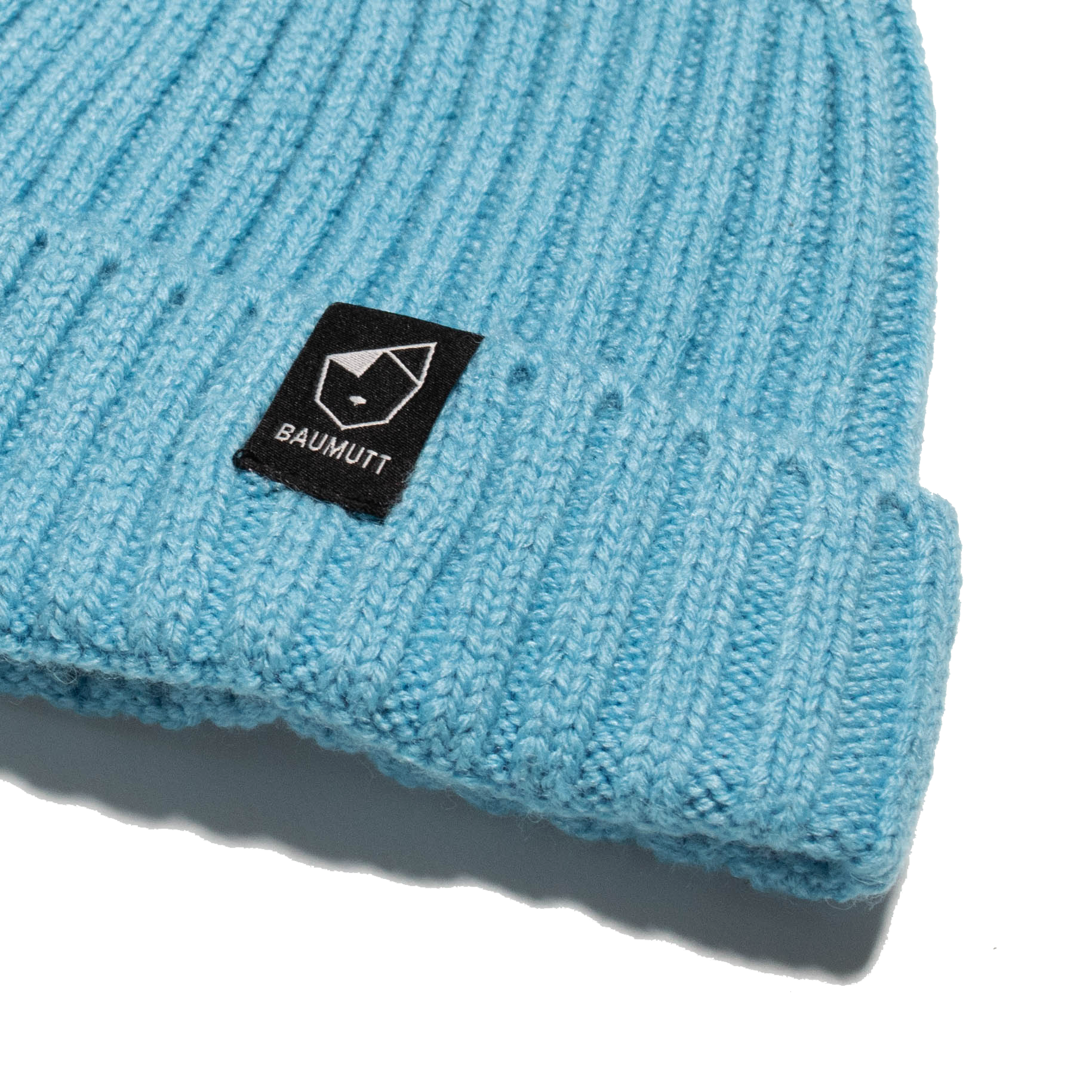 A aqua blue BAUMUTT fisherman beanie hat with a snug fit, designed for men and women. front corner logo view