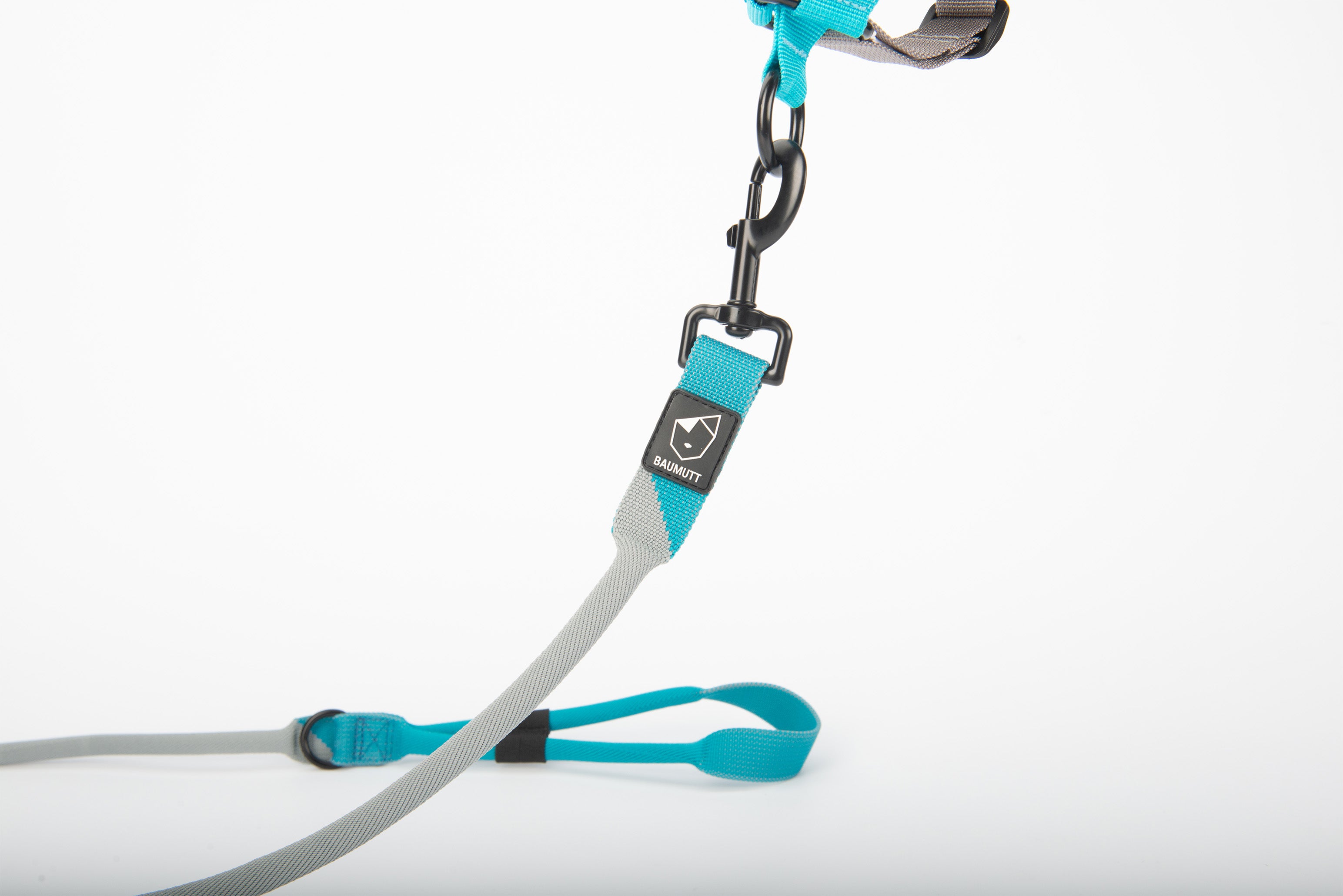 baumutt blue and grey LAXO hands free dog leash, clip connected to front harness O-ring