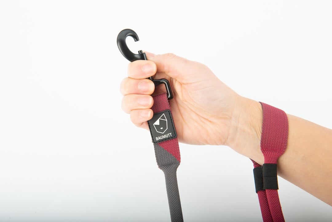baumutt burgundy and dark grey hands free dog leash, showing wrist stopper system and clip