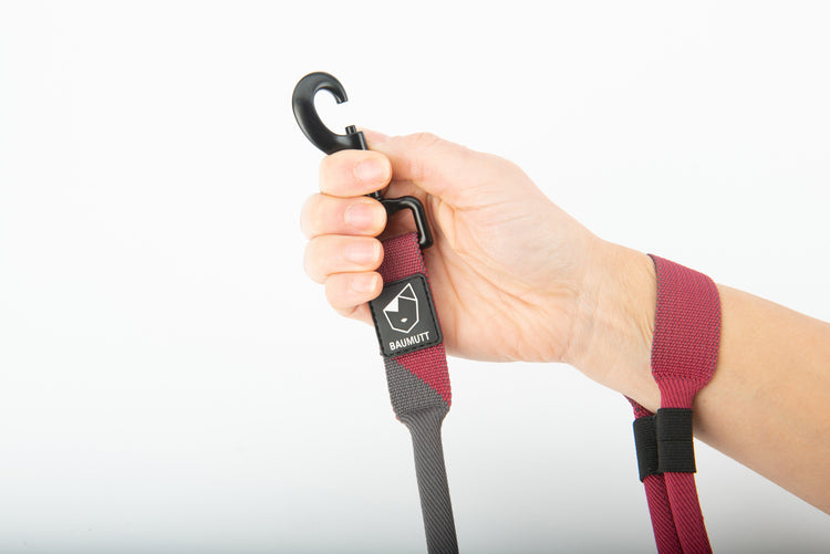 baumutt burgundy and dark grey hands free dog leash, showing wrist stopper system and clip
