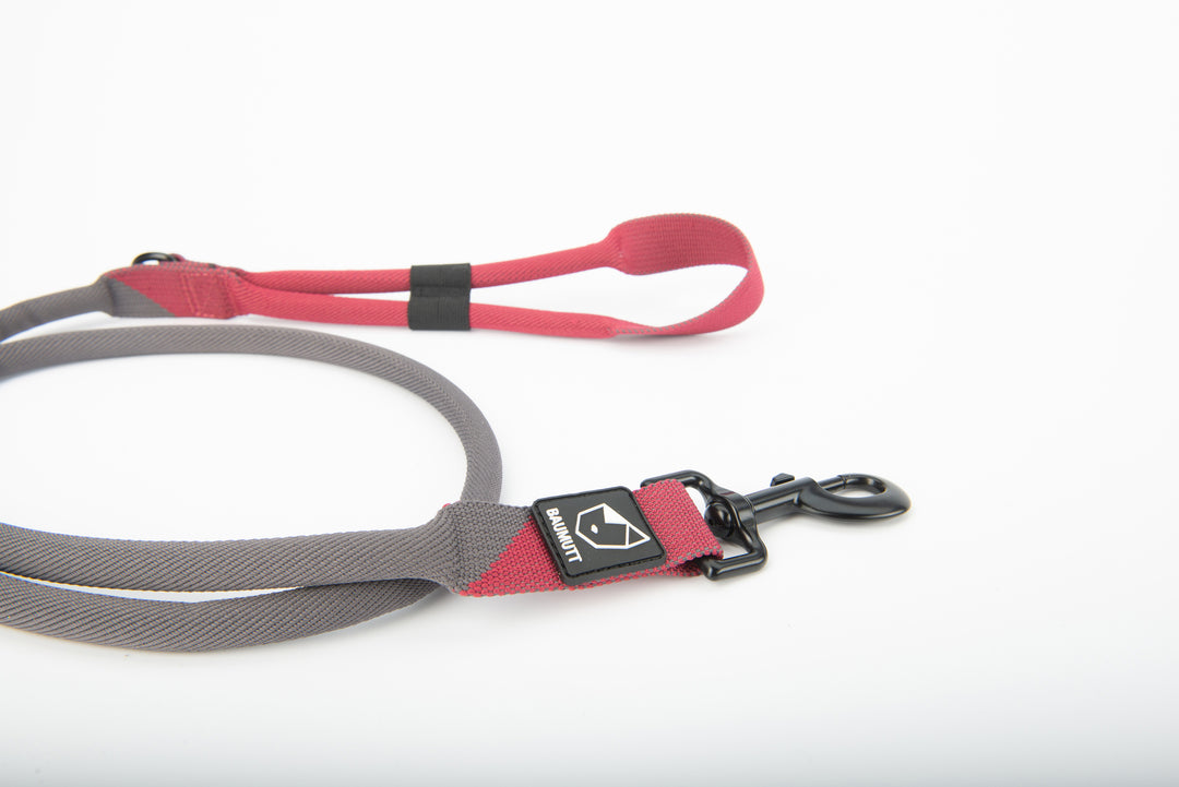 baumutt burgundy and dark grey LAXO hands free dog leash, side view