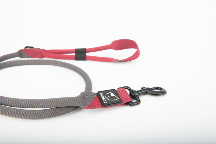 baumutt burgundy and dark grey LAXO hands free dog leash, side view